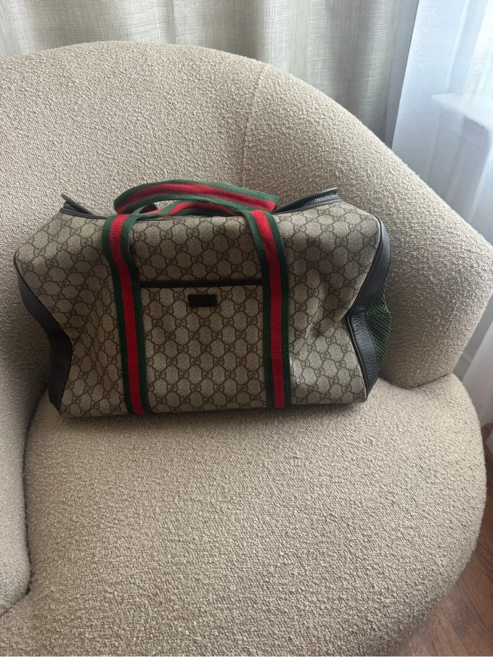 Gucci Beige Monogram Pet Travel Carrier with Green & Red Web Straps